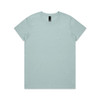 A light blue T-shirt displayed flat, featuring a round neckline and a tag at the collar, with a plain design.