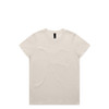 A plain beige t-shirt with short sleeves and a branding tag inside the collar.