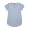 A light blue women's t-shirt with short sleeves and a curved hem. It features a brand logo on the tag.