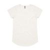 A light cream-coloured t-shirt with a rounded neckline and short sleeves, featuring a logo on the label.