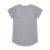 A grey T-shirt with a rounded neckline and short sleeves, featuring a logo on the label.