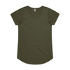 An olive green T-shirt with a scoop neck and short sleeves, featuring a logo on the label.
