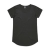 A black t-shirt with short sleeves and a rounded neckline, featuring a subtle branding logo.