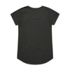 A black t-shirt with short sleeves and a rounded hem, featuring minimal design and a branding logo.