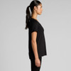 A black T-shirt featuring a simple design, displayed on a model in profile. It has a relaxed fit and short sleeves.