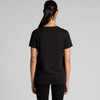 A black t-shirt is displayed from the back, featuring a simple design and a logo on the back.