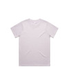 A light purple t-shirt displayed flat, featuring a simple design and a tag inside the collar. It has a logo.