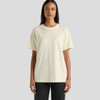 A light yellow T-shirt with short sleeves and a relaxed fit, featuring a logo on it.