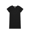 A black organic short-sleeve dress with a simple design and a tag at the neckline. It features no additional details or patterns.
