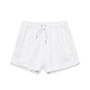 A pair of white dress shorts featuring an elastic waistband with a drawstring and a logo.