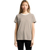 A striped tee in brown and cream, featuring a casual fit and short sleeves. The shirt includes a brand logo.