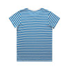 A striped T-shirt featuring blue and white horizontal stripes, with a crew neck and short sleeves.