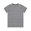 A black and white striped t-shirt with short sleeves and a crew neckline, featuring a logo on the back.