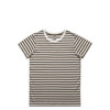 A striped t-shirt featuring brown and white horizontal stripes. The shirt has a crew neckline and includes a logo.