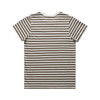 A striped t-shirt featuring a pattern of brown and white horizontal stripes, with a crew neck design and short sleeves.