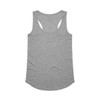 A grey racerback singlet with a curved hem and a logo on the back.