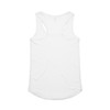 A white racerback singlet featuring a rounded hem and a logo on the back.