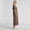 A long, taupe dress with short sleeves and a side slit, featuring a logo on the fabric.