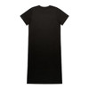 A black dress with short sleeves and a long, straight silhouette, featuring a logo on the back.