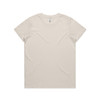 A plain beige t-shirt with a crew neckline and short sleeves, featuring a branding label.