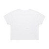 A white crop tee with a simple design and short sleeves, featuring a logo on the back.
