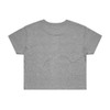 A grey cropped t-shirt with short sleeves and a plain back. It features a logo.