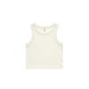 A ribbed crop tank in a light cream colour, featuring wide armholes and a minimal design with a logo.