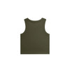 An olive green ribbed crop tank top featuring a simple, sleeveless design and a logo.