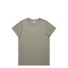 A faded olive green t-shirt with a crew neckline and short sleeves, featuring a subtle logo.