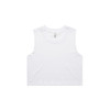 A white crop tank top with a round neckline and no sleeves, featuring a small logo.