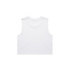 A white crop tank top with a sleeveless design and a plain back. The product features a logo.