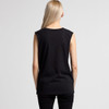 A black sleeveless tank top is displayed from the back, featuring a simple design and a logo.