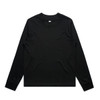 A black long-sleeve t-shirt with a round neckline and fitted cuffs. It features a logo on the front.