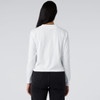 A white long-sleeve tee displayed from the back, featuring a logo on the neckline.