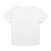 A white short-sleeved baby tee featuring a scoop neckline and a tag at the back. It has a simple design.