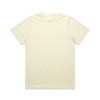 A pale yellow T-shirt with short sleeves, featuring a simple design and a logo on the label.