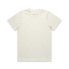 A plain, cream-coloured T-shirt with a round neck and short sleeves. It features a logo on the label.