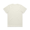 A plain white T-shirt with a rounded neckline and short sleeves, featuring a small logo on the back.