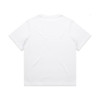 A plain white t-shirt with short sleeves, featuring a logo on the back.