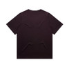 A dark purple t-shirt with a relaxed fit and short sleeves, featuring a branding logo.