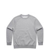 A grey jumper featuring long sleeves and a ribbed hem, with a small logo on the front.