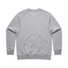 A grey jumper with a plain back design, featuring raglan sleeves and a ribbed hem. There is a logo on the garment.