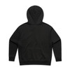 A black hoodie with a hood, featuring a simple design and an unadorned back view.