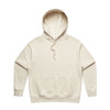 A cream-coloured hoodie featuring a front pocket and an attached hood, with a logo on the front.