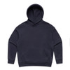 A navy blue hoodie featuring a front pocket and a drawstring hood, with a logo present.