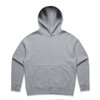 A grey hoodie featuring a front pocket and a hood, with a logo on the design.