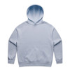 A light blue hoodie with a front pocket and a hood, featuring a logo on the front.