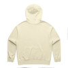 A cream-coloured hoodie with a full back view, featuring a hood and ribbed cuffs. It has a logo.