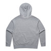 A grey hoodie featuring a back view with a kangaroo pocket and a hood. It has branding details.