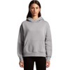 A grey hoodie with a front pocket and a hood, featuring a logo. Model wearing it has long hair.